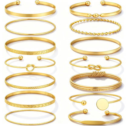 FAXHION Gold Bangle Bracelets for Women, 14 Pcs Multi Layer Stackable Bangle Set, 14K Gold Plated Textured Chunky Bracelets Boho Jewelrys Set