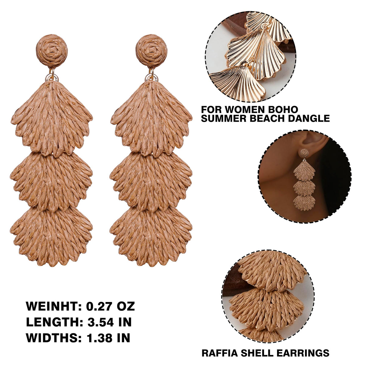 Raffia Dangle Earrings for Women - Boho Statement Rattan Drop Jewelry with Shell Design, Lightweight Summer Beach Trendy Accessories