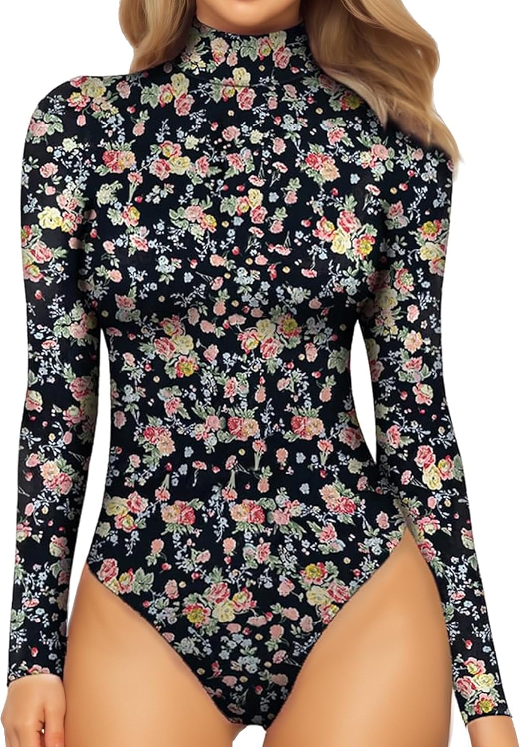 Mock Turtleneck Bodysuit - Long Sleeve Fitted Top with Snap Closure