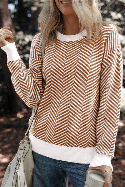 Striped Round Neck Long Sleeve Sweater for Women Fashion