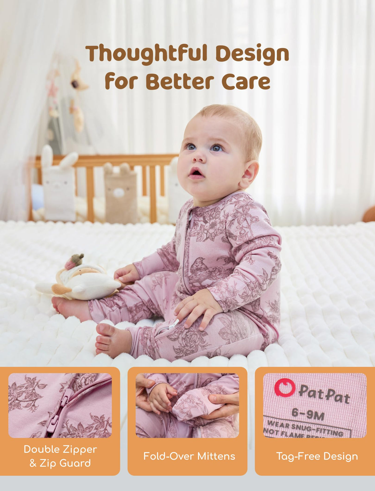 PATPAT Baby Footie Pajamas - Premium Tencel Lyocell &amp; Wool Romper with 2-Way Zipper