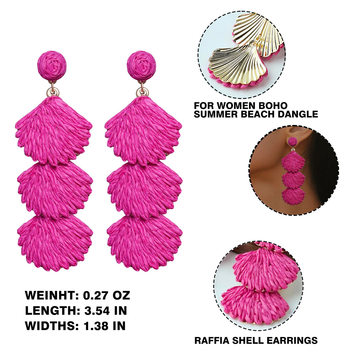 Raffia Dangle Earrings for Women - Boho Statement Rattan Drop Jewelry with Shell Design, Lightweight Summer Beach Trendy Accessories