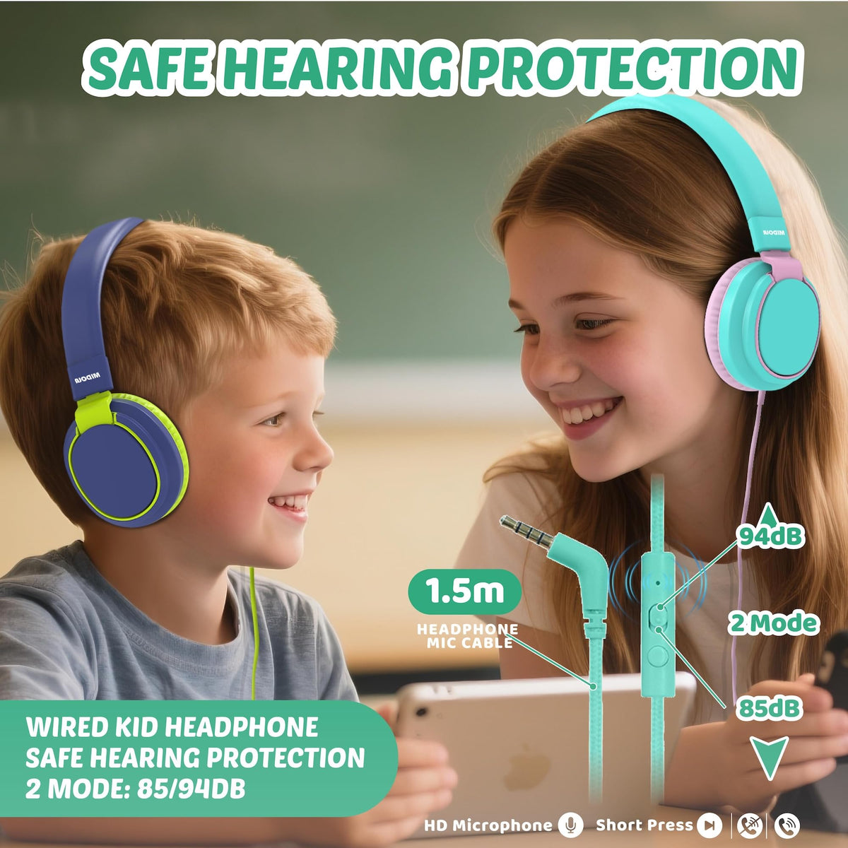 Kids Headphones Volume Limited 85/94dB - Wired Over-Ear Foldable Headset with Microphone Pink