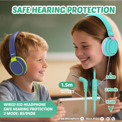 Kids Headphones Volume Limited 85/94dB - Wired Over-Ear Foldable Headset with Microphone Pink