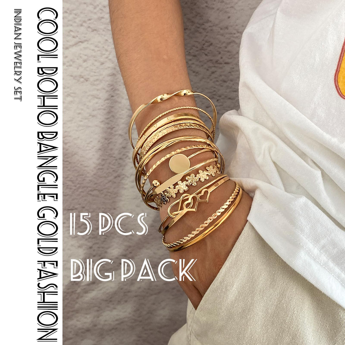 17IF Gold Bangle Bracelet For Women, 14k Multilayer Charm Textured Stackable Bracelets Boho Indian Chunky Cuff Fashion Jewelry Gift