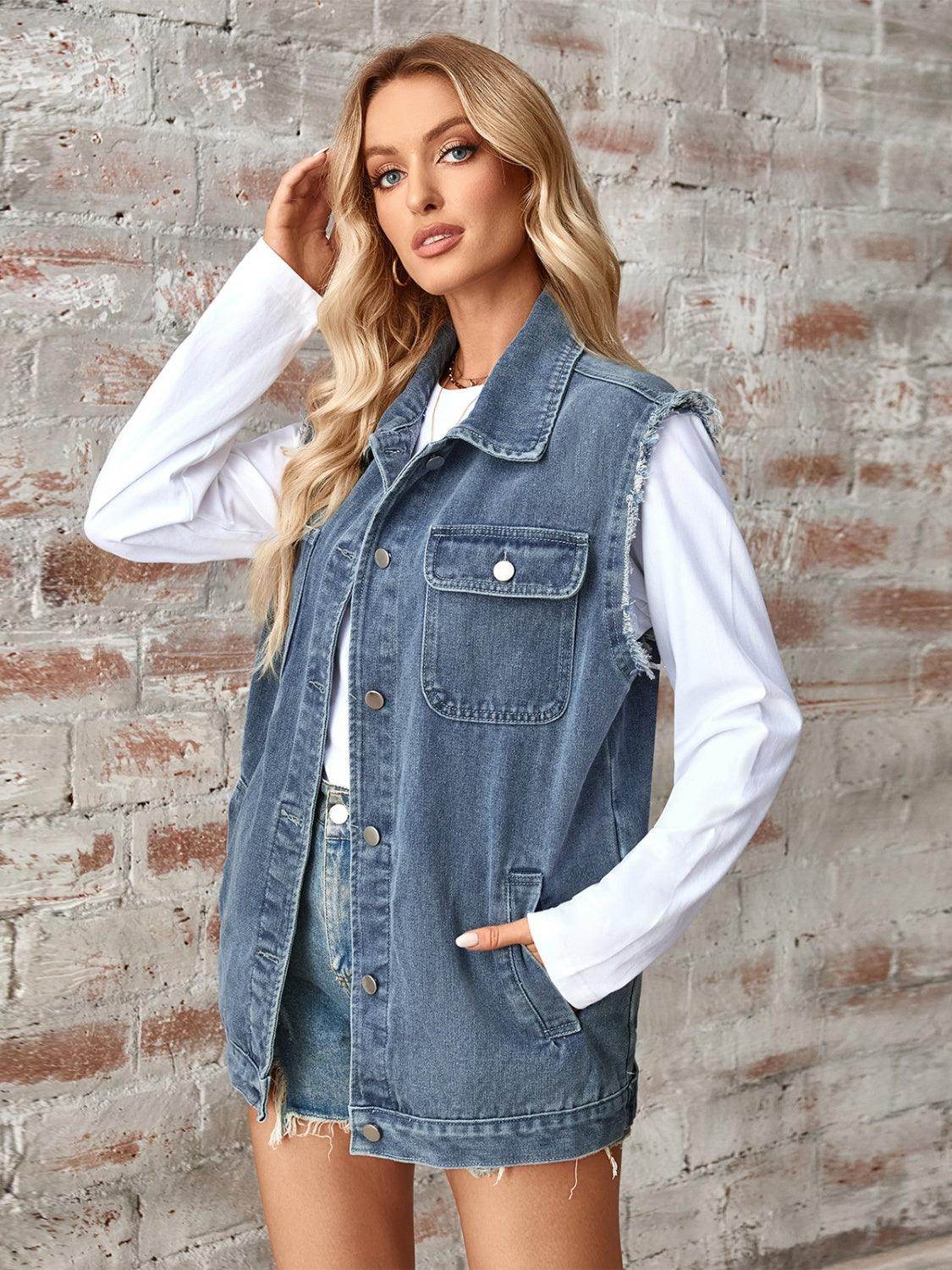Raw Hem Sleeveless Button Up Denim Jacket for Women