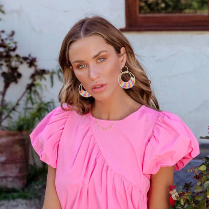 Raffia Hoop Earrings for Women Fun Boho Summer Beach Earrings Lightweight Handmade Straw Wicker Rattan Dangle Earrings Statement Geometric Round Drop Earrings