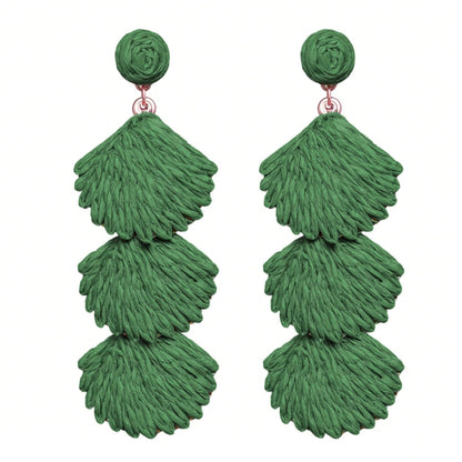 Raffia Dangle Earrings for Women - Boho Statement Rattan Drop Jewelry with Shell Design, Lightweight Summer Beach Trendy Accessories