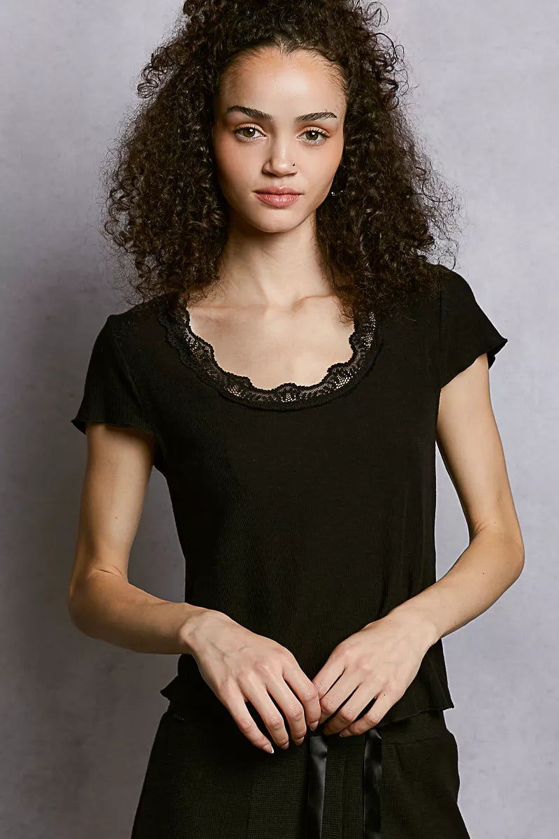 POL Round Neck Short Sleeve Crop T-Shirt with Lace Trim
