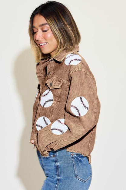 Baseball Sequin Dropped Shoulder Raw Hem Jacket for Women