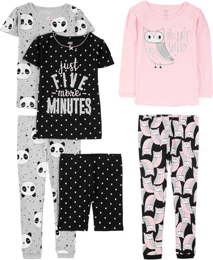 Girls Cotton Pajama Set 6-Piece - Snug Fit PJ Pack for Babies Toddlers