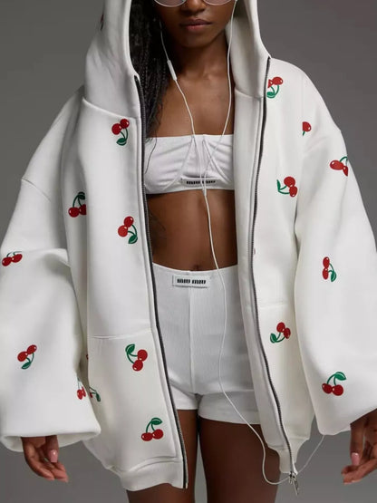 Cherry Print Oversized Zip-Up Hoodie