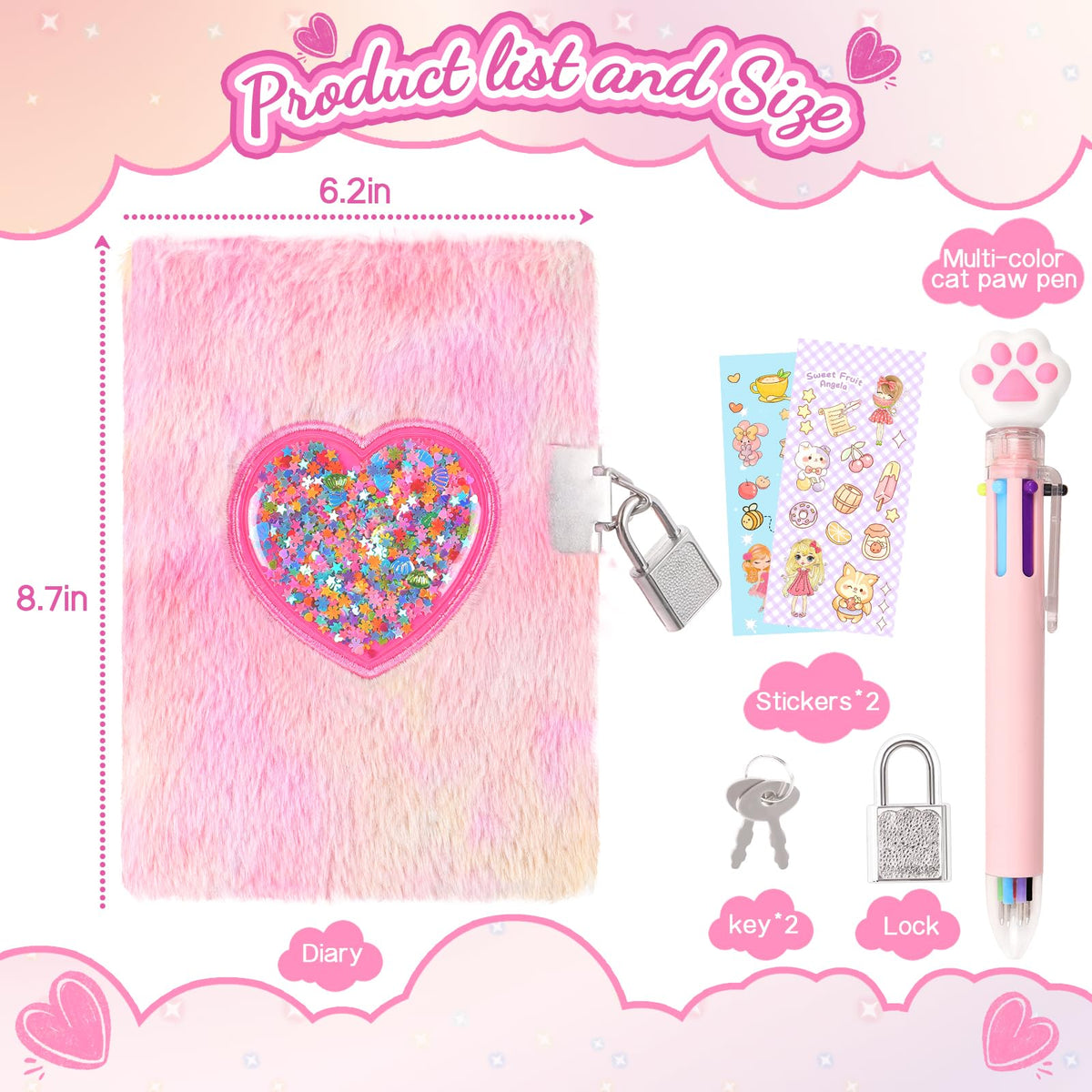 Girls Heart Diary with Lock and Keys - Cute Plush Secret Journal Notebook Gift Ages 6-8