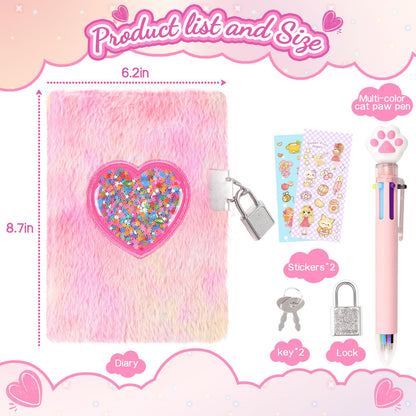Girls Heart Diary with Lock and Keys - Cute Plush Secret Journal Notebook Gift Ages 6-8