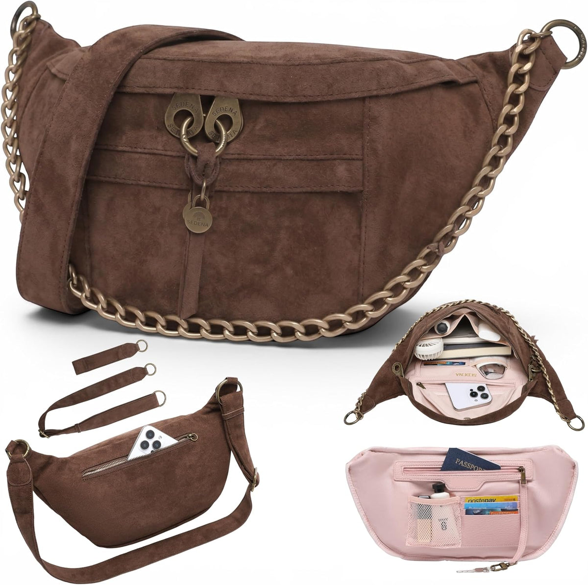 Anti Pickpocket Crossbody Large Vegan Dark Brown Suede Sling Bag RFID &amp; Glasses Pockets, Adjustable Strap, Anti Theft Design, Multiple Compartments, Chain Detail Travel Crossbody Bag for Women