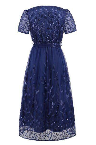 Sequin Leaf Embroidery Tie Front Short Sleeve Dress for Women
