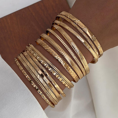 17IF Gold Bangle Bracelet For Women, 14k Multilayer Charm Textured Stackable Bracelets Boho Indian Chunky Cuff Fashion Jewelry Gift