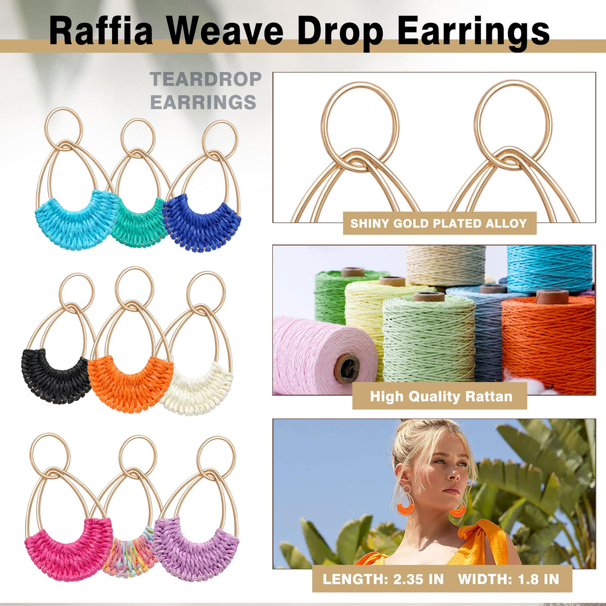 Raffia Hoop Earrings for Women Fun Boho Summer Beach Earrings Lightweight Handmade Straw Wicker Rattan Dangle Earrings Statement Geometric Round Drop Earrings