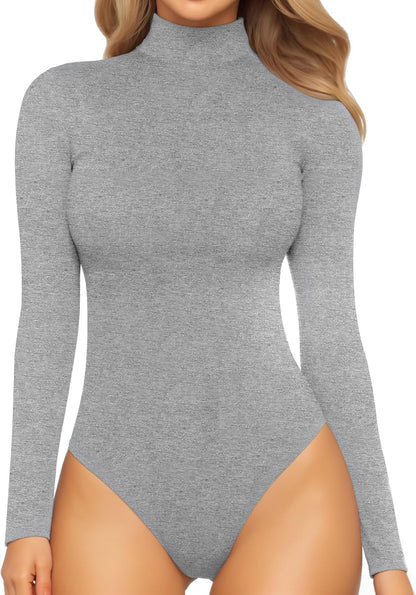 Mock Turtleneck Bodysuit - Long Sleeve Fitted Top with Snap Closure