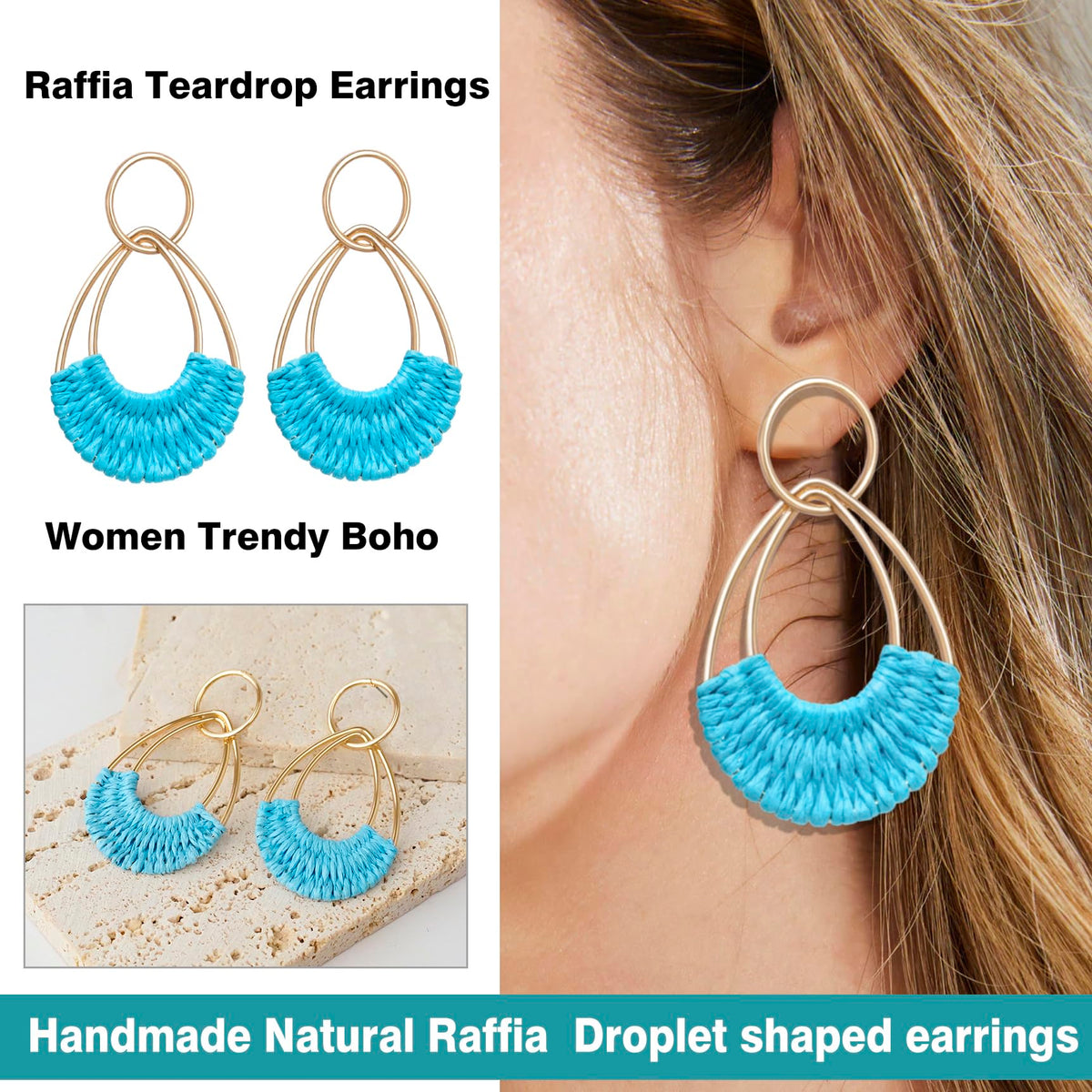 Raffia Hoop Earrings for Women Fun Boho Summer Beach Earrings Lightweight Handmade Straw Wicker Rattan Dangle Earrings Statement Geometric Round Drop Earrings