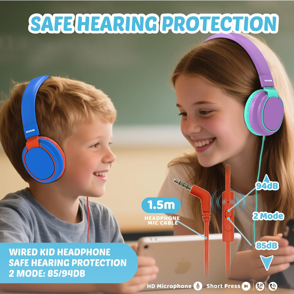 Kids Headphones Volume Limited 85/94dB - Wired Over-Ear Foldable Headset with Microphone Pink