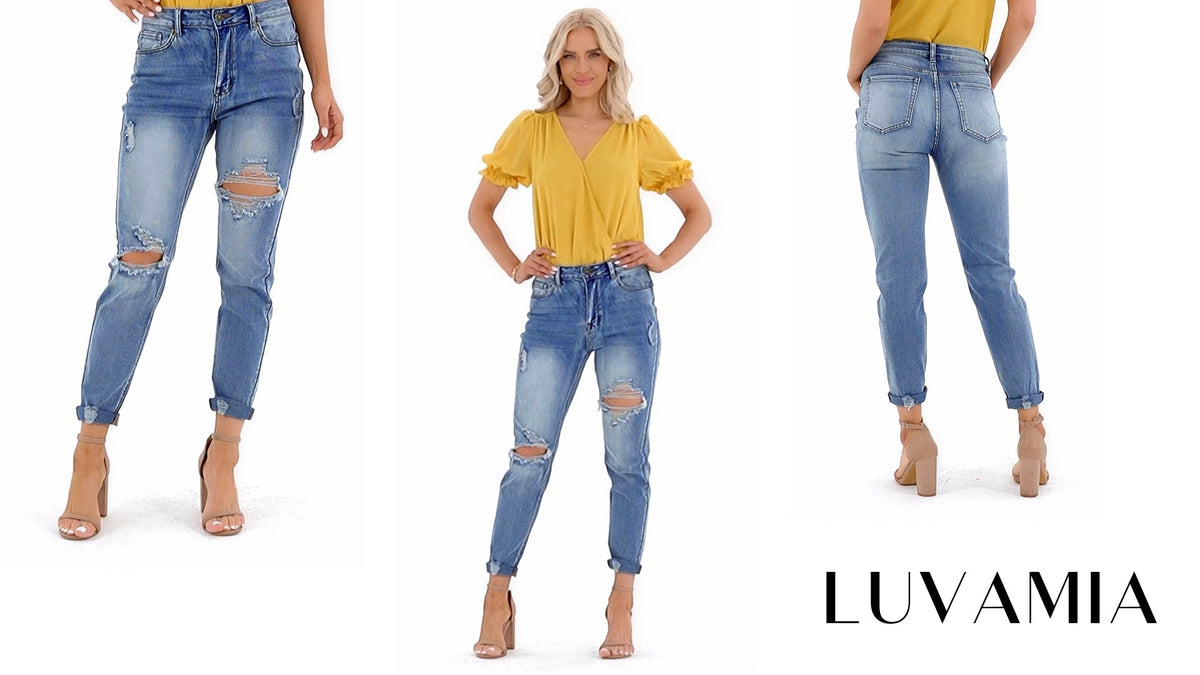 Mom Jeans - luvamia Boyfriend Jeans for Women Stretch High Waisted Ripped Distressed Mom Jeans Slim Denim Pants
