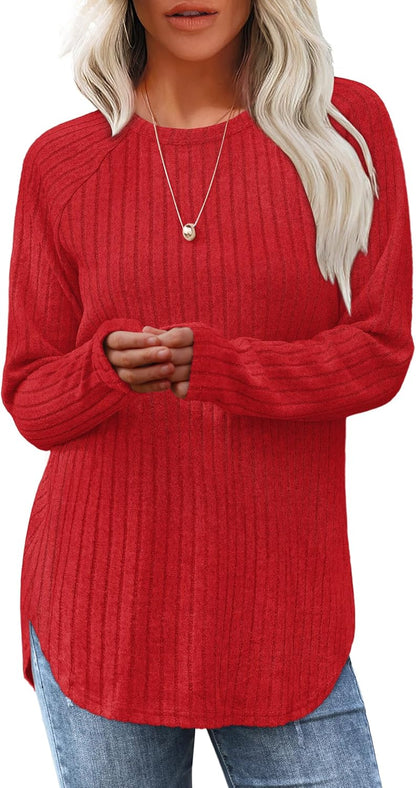 Long Sleeve Tunic Top for Women - Loose Fit Pullover with Curved Hem