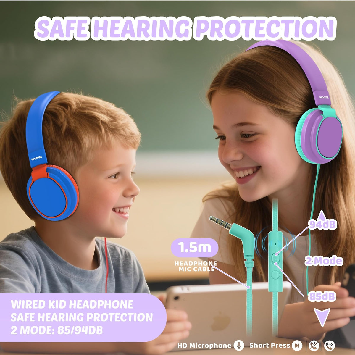 Kids Headphones Volume Limited 85/94dB - Wired Over-Ear Foldable Headset with Microphone Pink