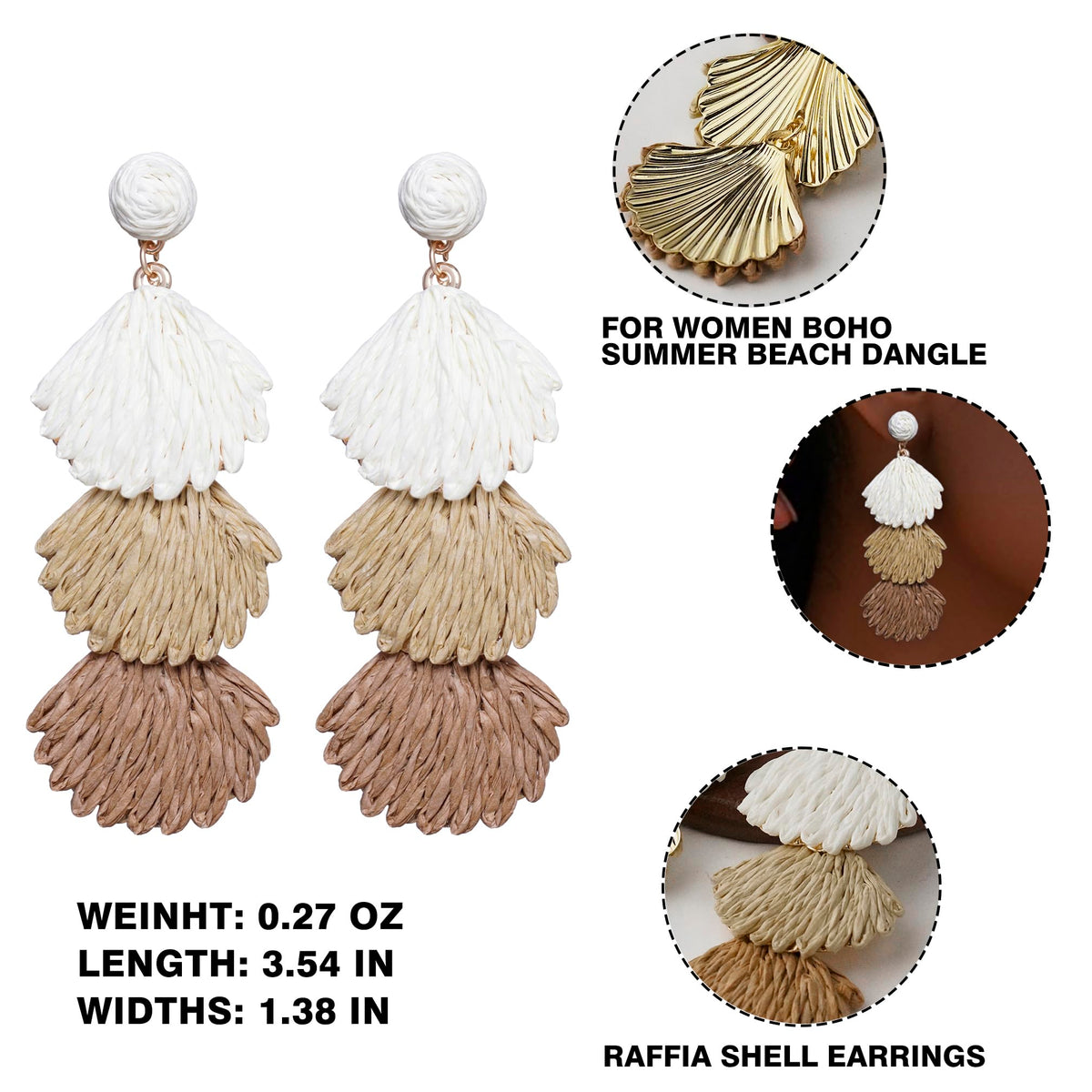 Raffia Dangle Earrings for Women - Boho Statement Rattan Drop Jewelry with Shell Design, Lightweight Summer Beach Trendy Accessories