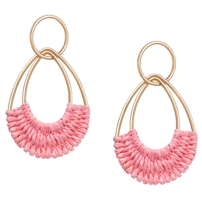 Raffia Hoop Earrings for Women Fun Boho Summer Beach Earrings Lightweight Handmade Straw Wicker Rattan Dangle Earrings Statement Geometric Round Drop Earrings