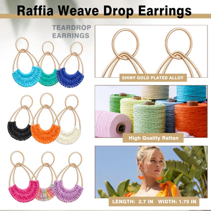 Raffia Hoop Earrings for Women Fun Boho Summer Beach Earrings Lightweight Handmade Straw Wicker Rattan Dangle Earrings Statement Geometric Round Drop Earrings