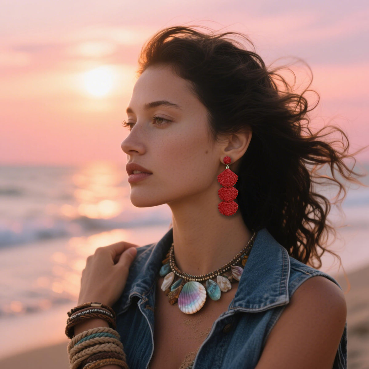Raffia Dangle Earrings for Women - Boho Statement Rattan Drop Jewelry with Shell Design, Lightweight Summer Beach Trendy Accessories