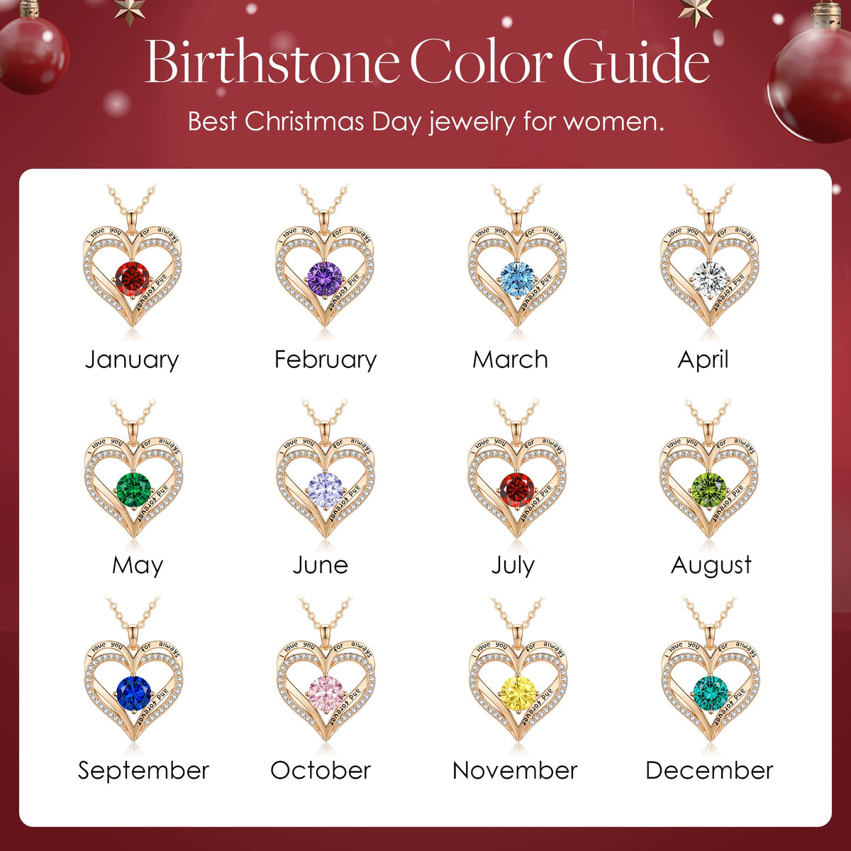 Personalized Double Heart Birthstone Necklace for Women – Sterling Silver Gift