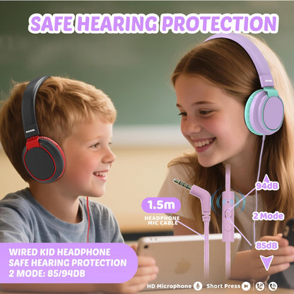 Kids Headphones Volume Limited 85/94dB - Wired Over-Ear Foldable Headset with Microphone Pink