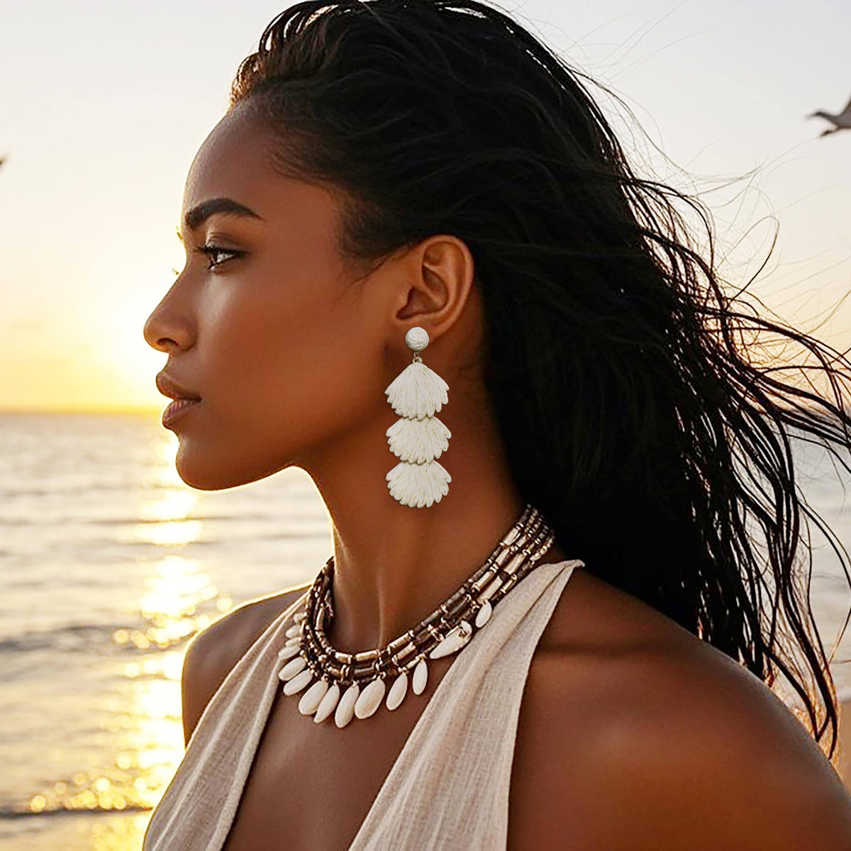 Raffia Dangle Earrings for Women - Boho Statement Rattan Drop Jewelry with Shell Design, Lightweight Summer Beach Trendy Accessories