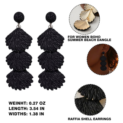 Raffia Dangle Earrings for Women - Boho Statement Rattan Drop Jewelry with Shell Design, Lightweight Summer Beach Trendy Accessories