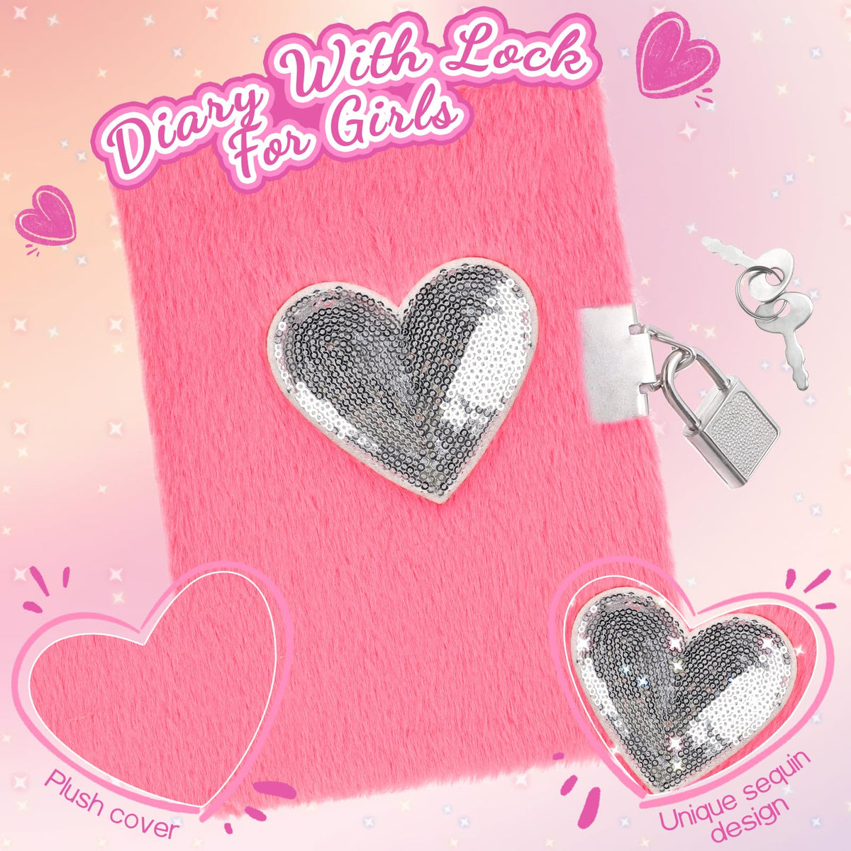 Girls Heart Diary with Lock and Keys - Cute Plush Secret Journal Notebook Gift Ages 6-8