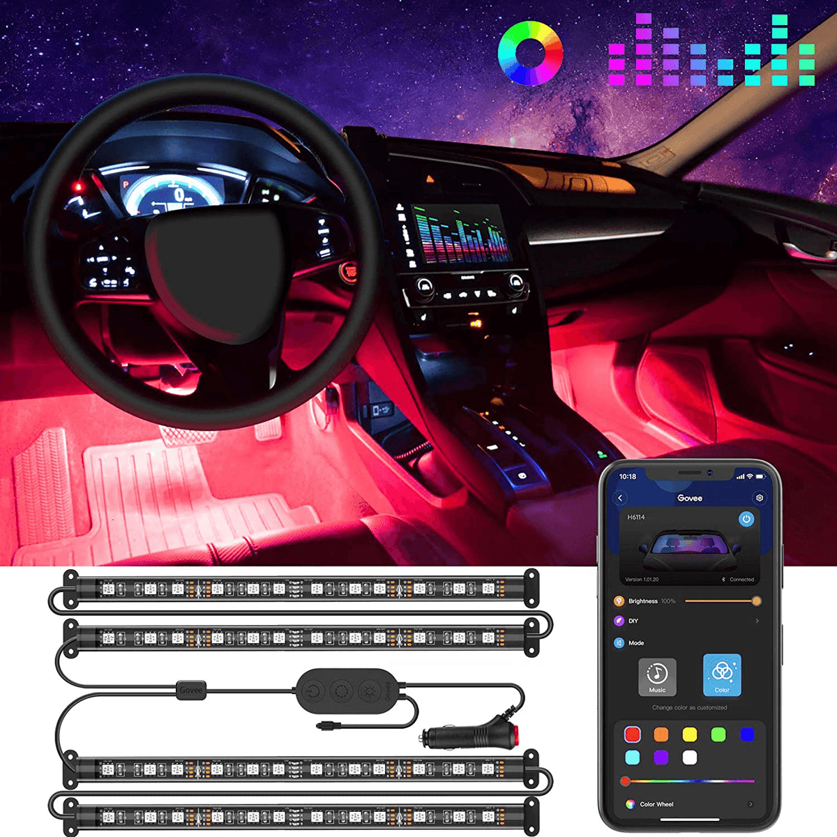 Lights LED Car Strip Lights with Two-Line Waterproof Design RGB LED Strip Light With USB Wireless Remote Music Control Multiple Modes For Auto Car
