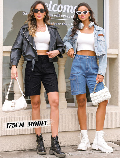 Women High Waisted Bermuda Cargo Shorts - 6 Pockets Stretchy Knee Length Summer Shorts