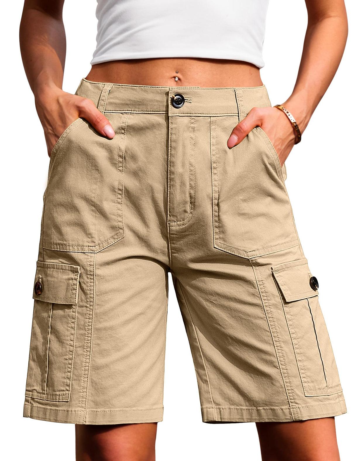 Women High Waisted Bermuda Cargo Shorts - 6 Pockets Stretchy Knee Length Summer Shorts