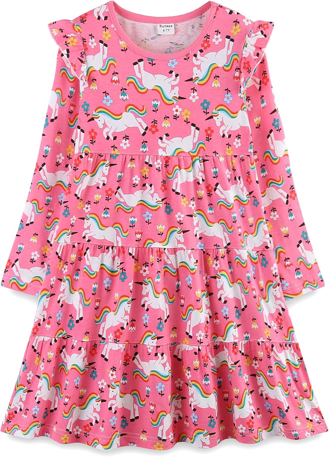 Girls Cotton Dress - Ruffle Sleeve Tiered A-Line Midi Sundress