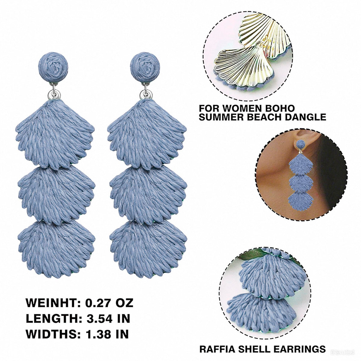 Raffia Dangle Earrings for Women - Boho Statement Rattan Drop Jewelry with Shell Design, Lightweight Summer Beach Trendy Accessories