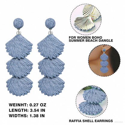 Raffia Dangle Earrings for Women - Boho Statement Rattan Drop Jewelry with Shell Design, Lightweight Summer Beach Trendy Accessories
