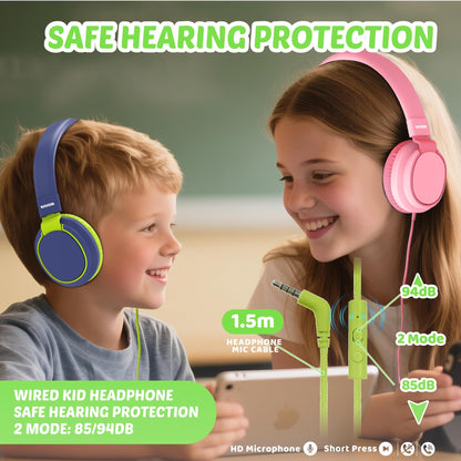 Kids Headphones Volume Limited 85/94dB - Wired Over-Ear Foldable Headset with Microphone Pink