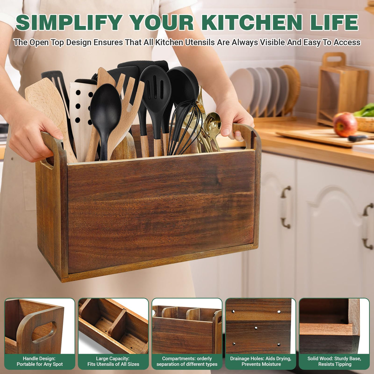 LAGOUPICK Wooden Kitchen Utensil Holder Organizer
