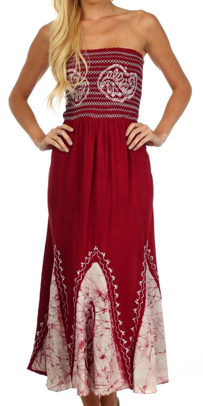 Sakkas Batik Print Embroidered Sleeveless Smocked Tube Top Long Dress