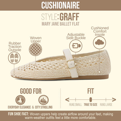 CUSHIONAIRE Graff Mary Jane Shoes for Women, Woven Ballet Flats with Adjustable Buckle Strap, Lightweight Slip On Shoes