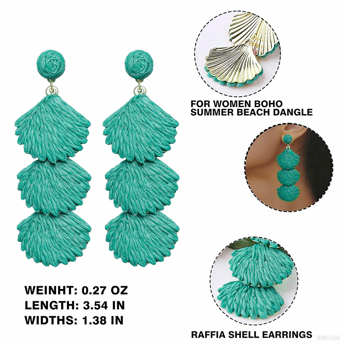 Raffia Dangle Earrings for Women - Boho Statement Rattan Drop Jewelry with Shell Design, Lightweight Summer Beach Trendy Accessories