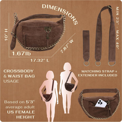 Anti Pickpocket Crossbody Large Vegan Dark Brown Suede Sling Bag RFID &amp; Glasses Pockets, Adjustable Strap, Anti Theft Design, Multiple Compartments, Chain Detail Travel Crossbody Bag for Women