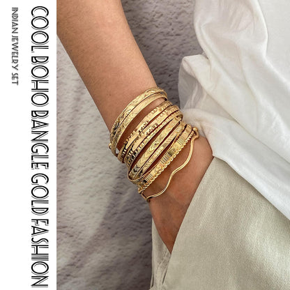 17IF Gold Bangle Bracelet For Women, 14k Multilayer Charm Textured Stackable Bracelets Boho Indian Chunky Cuff Fashion Jewelry Gift